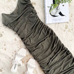 Olive Green Ruched Midi  Dress